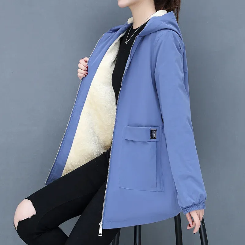 2023 Autumn Winter New Thick Warm Lamb Wool Cotton-padded Coat Women's Mid-length All-fit Loose Hooded Female Blouse