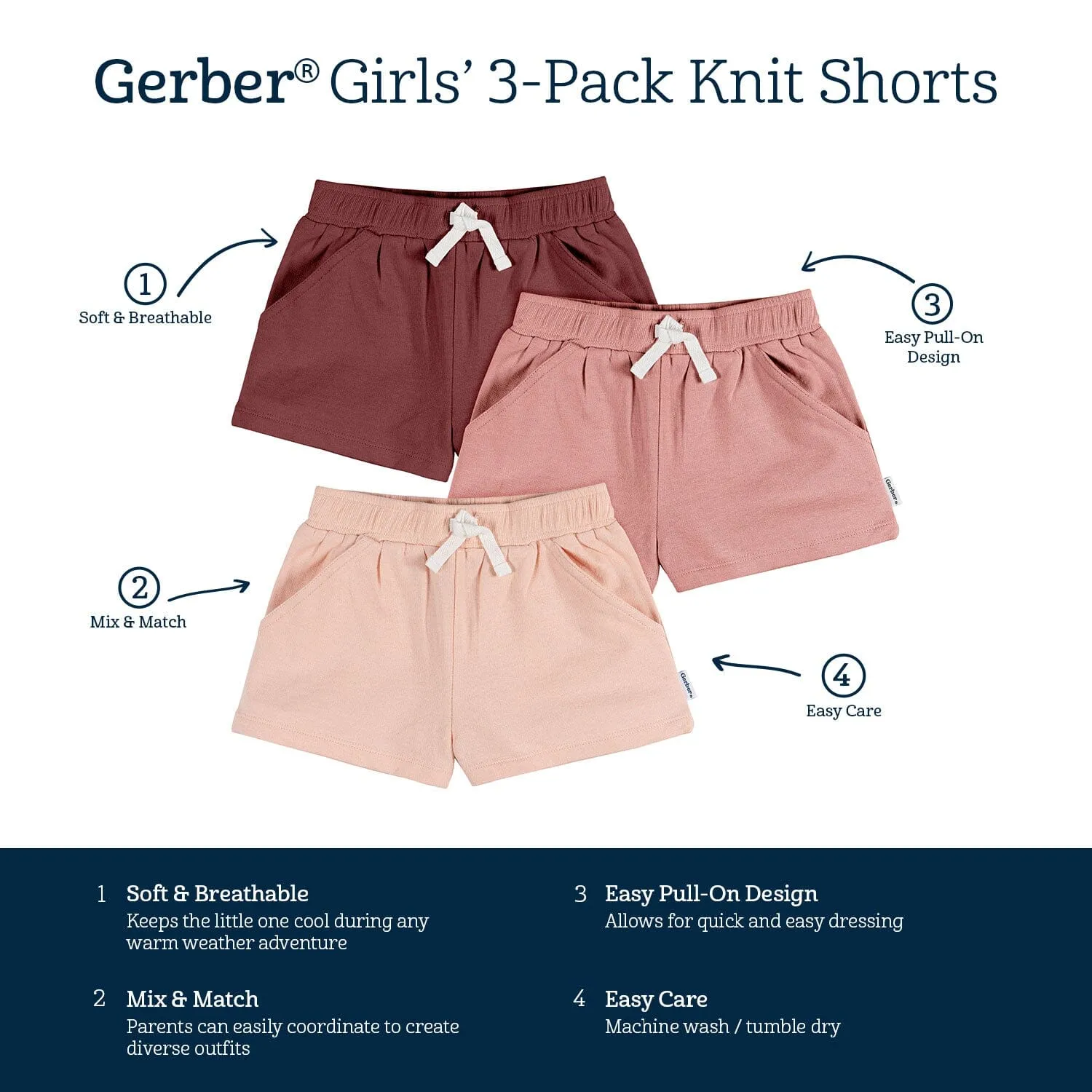 3-Pack Baby & Toddler Girls Dusty Pinks Knit Shorts