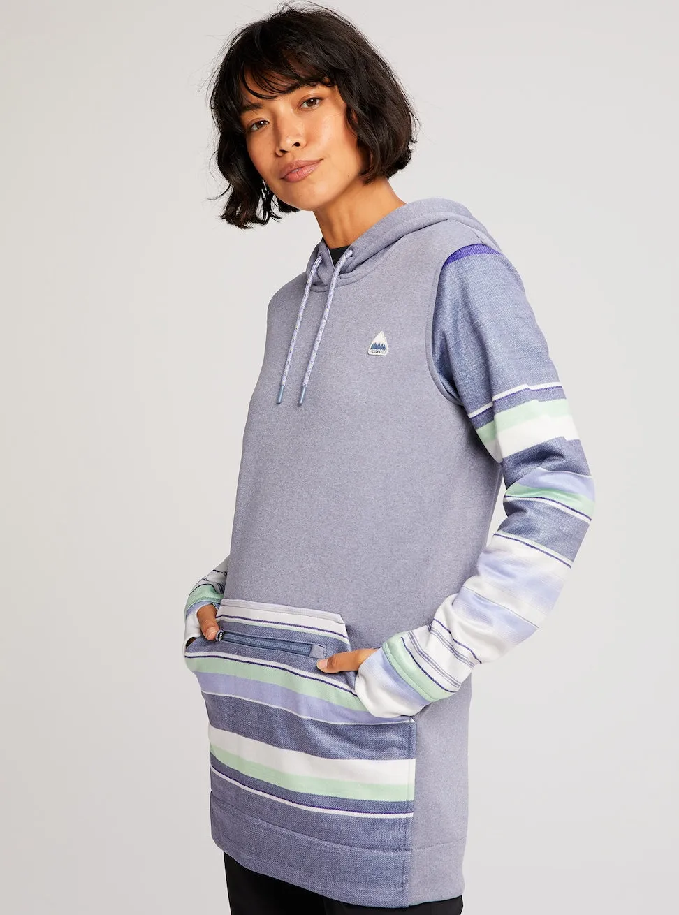 Burton Oak Long Pull Over Hoodie l Womens Folkstone Grey Heather / Folkstone Blanket Stripe