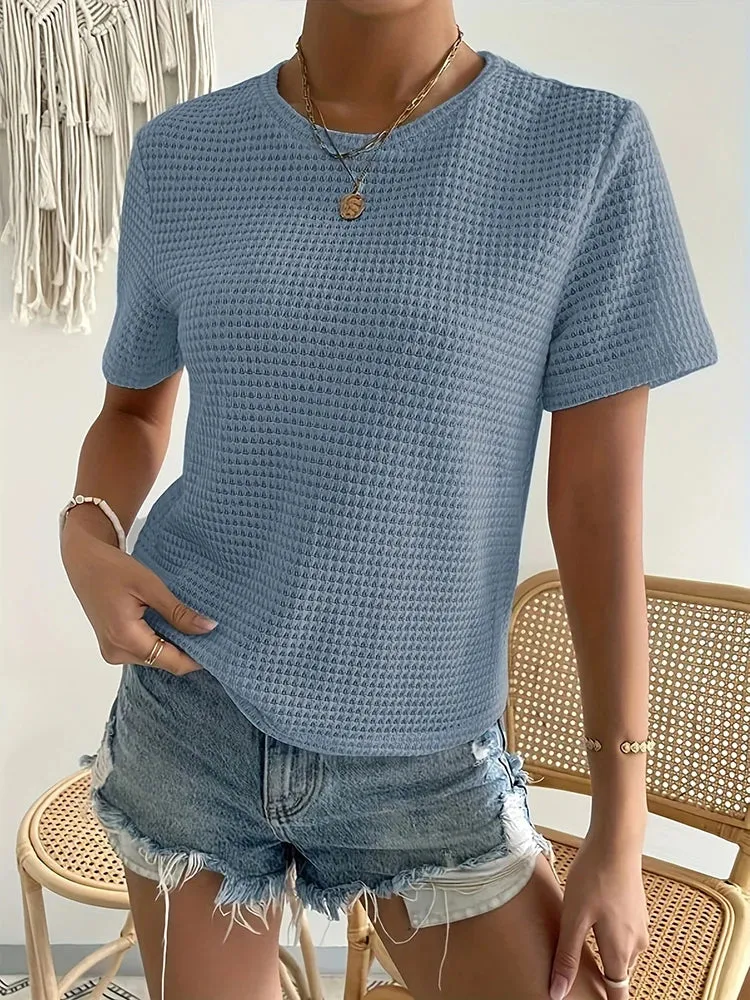 Casual Loose Texture Jacquard Knitted Round Neck Solid Color Summer T-shirt