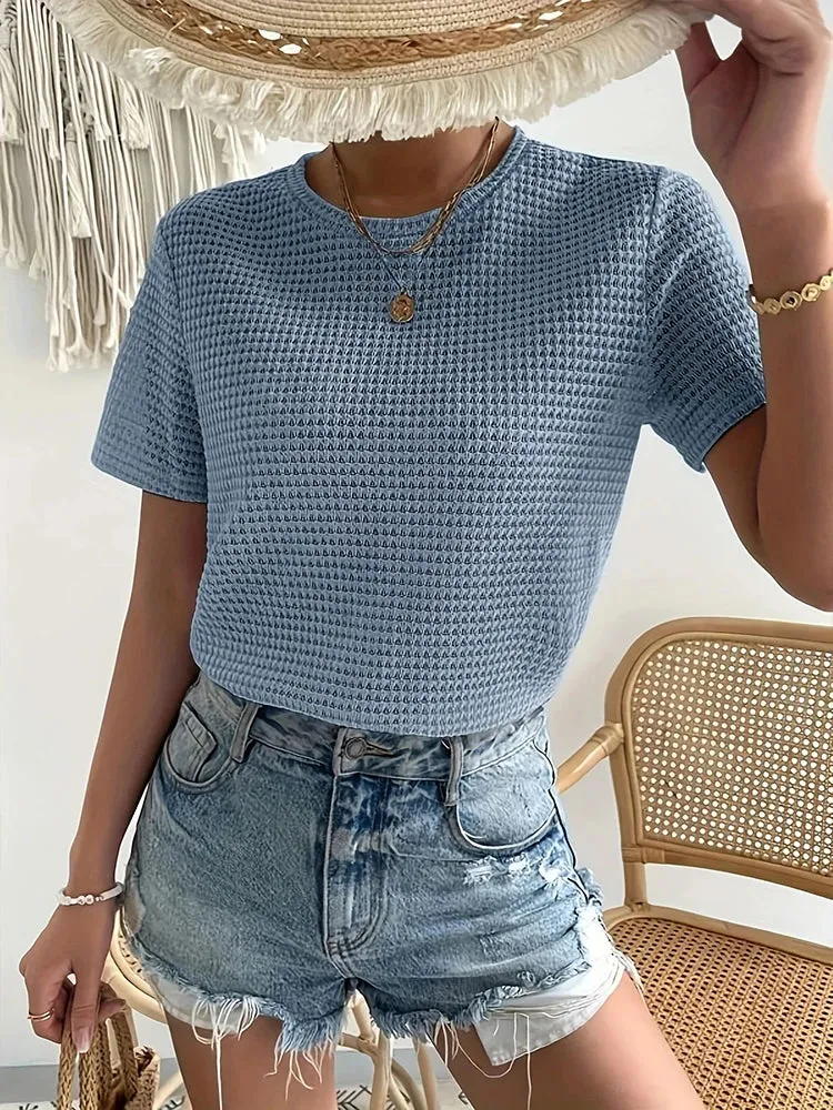 Casual Loose Texture Jacquard Knitted Round Neck Solid Color Summer T-shirt