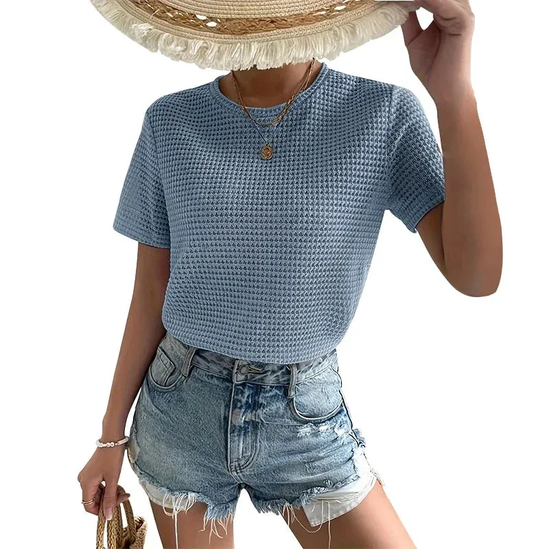 Casual Loose Texture Jacquard Knitted Round Neck Solid Color Summer T-shirt