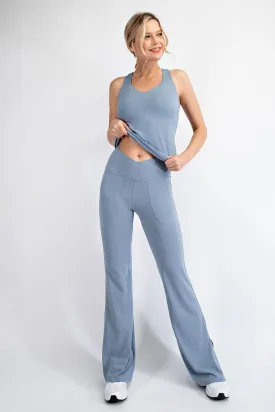 Chambray V Waist Flared Yoga Pants With Pockets