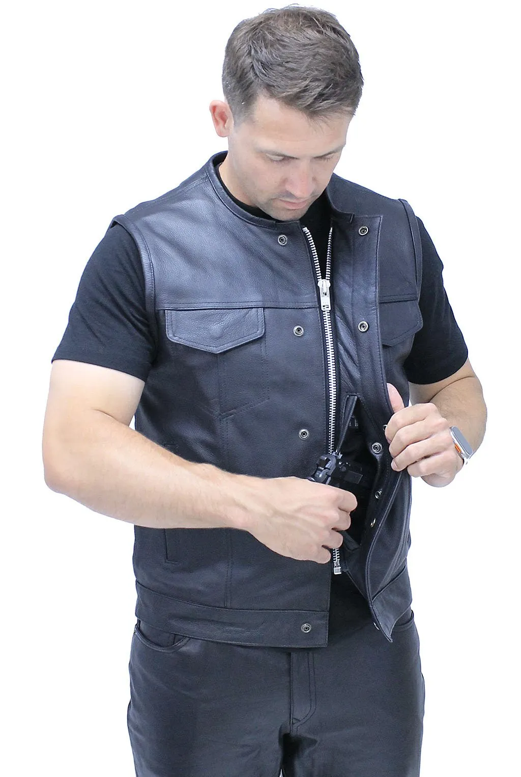 Collarless Premium Buffalo Leather Snap & Zip Concealed Pocket Vest #VM7410GK