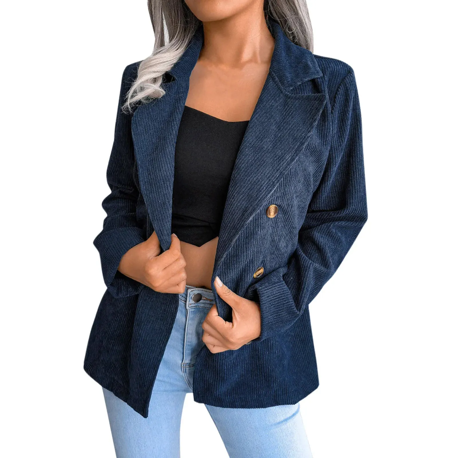 Corduroy Plus Size Double Breasted Long Sleeve Blazer