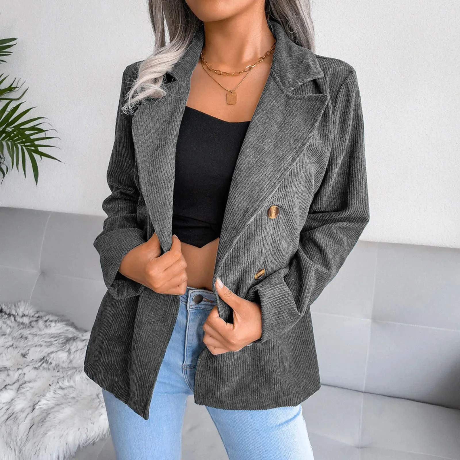 Corduroy Plus Size Double Breasted Long Sleeve Blazer