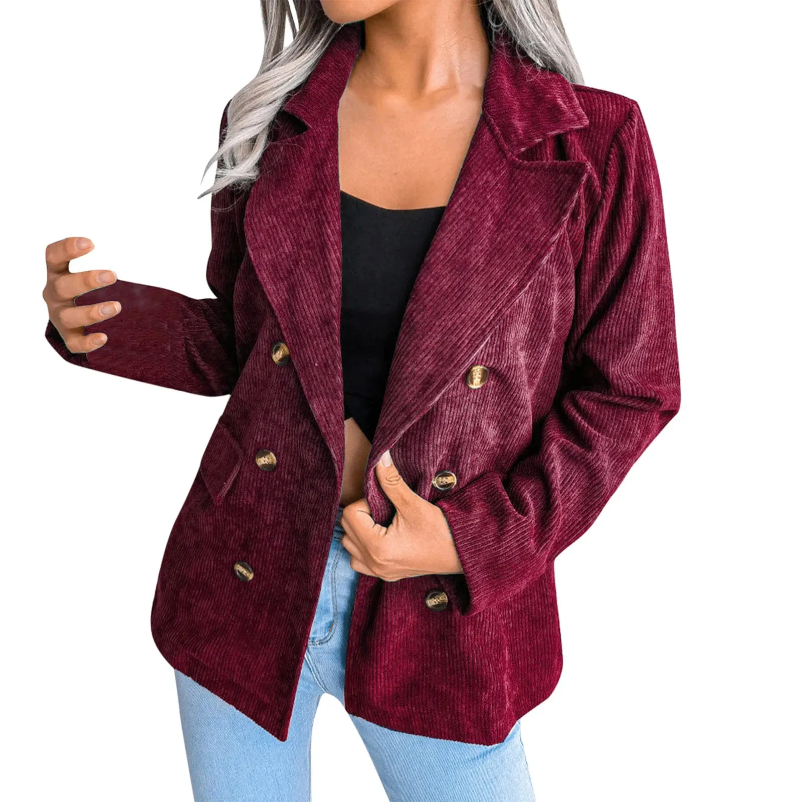 Corduroy Plus Size Double Breasted Long Sleeve Blazer