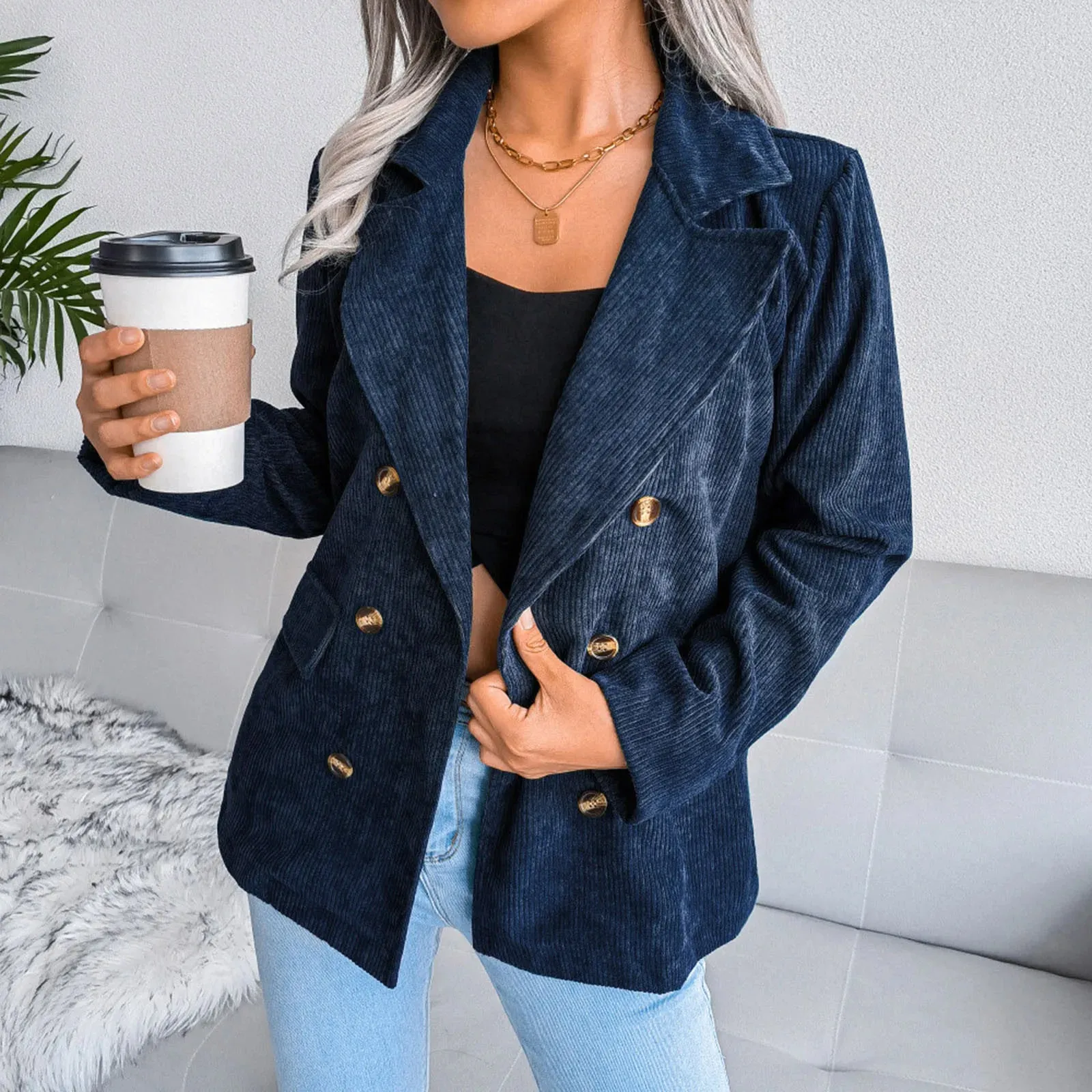 Corduroy Plus Size Double Breasted Long Sleeve Blazer