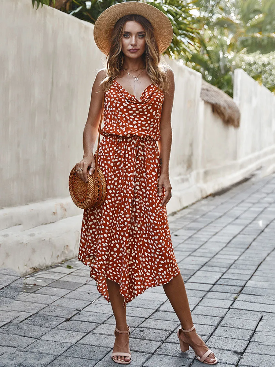 Cowl V Neckline Sleeveless Polka dots Boho Dress