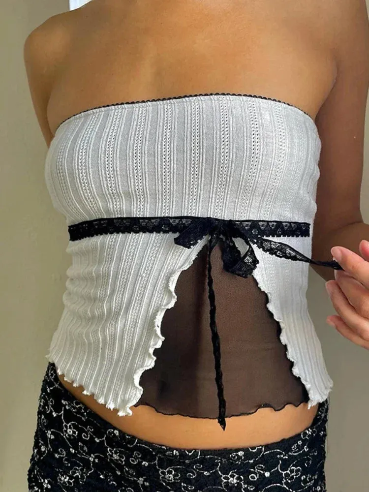 Crop Sleeveless Bow Bandage Short Femme Cute Sexy Slim Backless Ladies Top