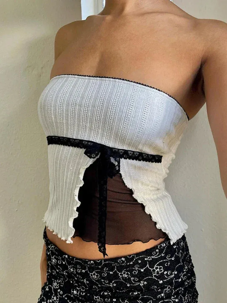 Crop Sleeveless Bow Bandage Short Femme Cute Sexy Slim Backless Ladies Top