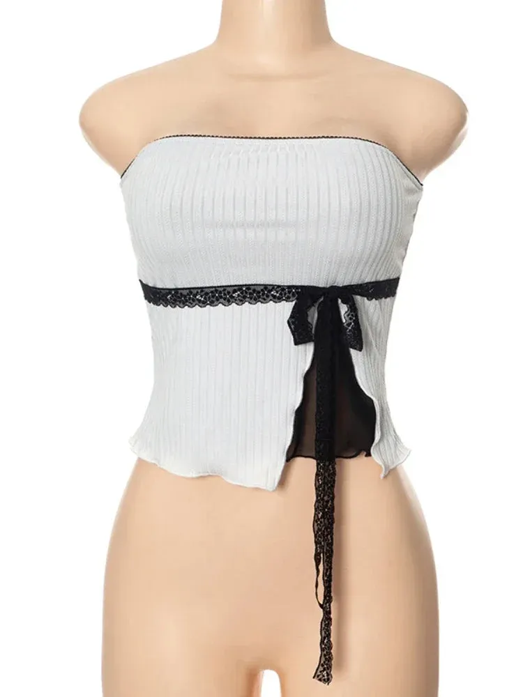 Crop Sleeveless Bow Bandage Short Femme Cute Sexy Slim Backless Ladies Top