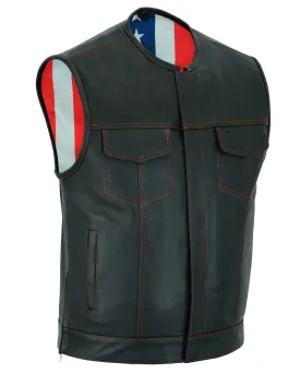 DS155 Men's Leather Vest with Red Stitching and USA Inside Flag Linin