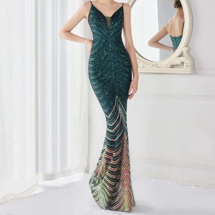 Eleanor V-neck Tassel Glitter Sequins Fishtail Maxi Dress