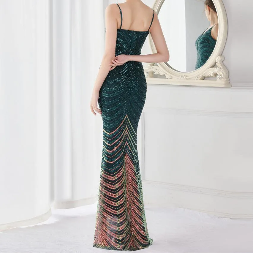 Eleanor V-neck Tassel Glitter Sequins Fishtail Maxi Dress