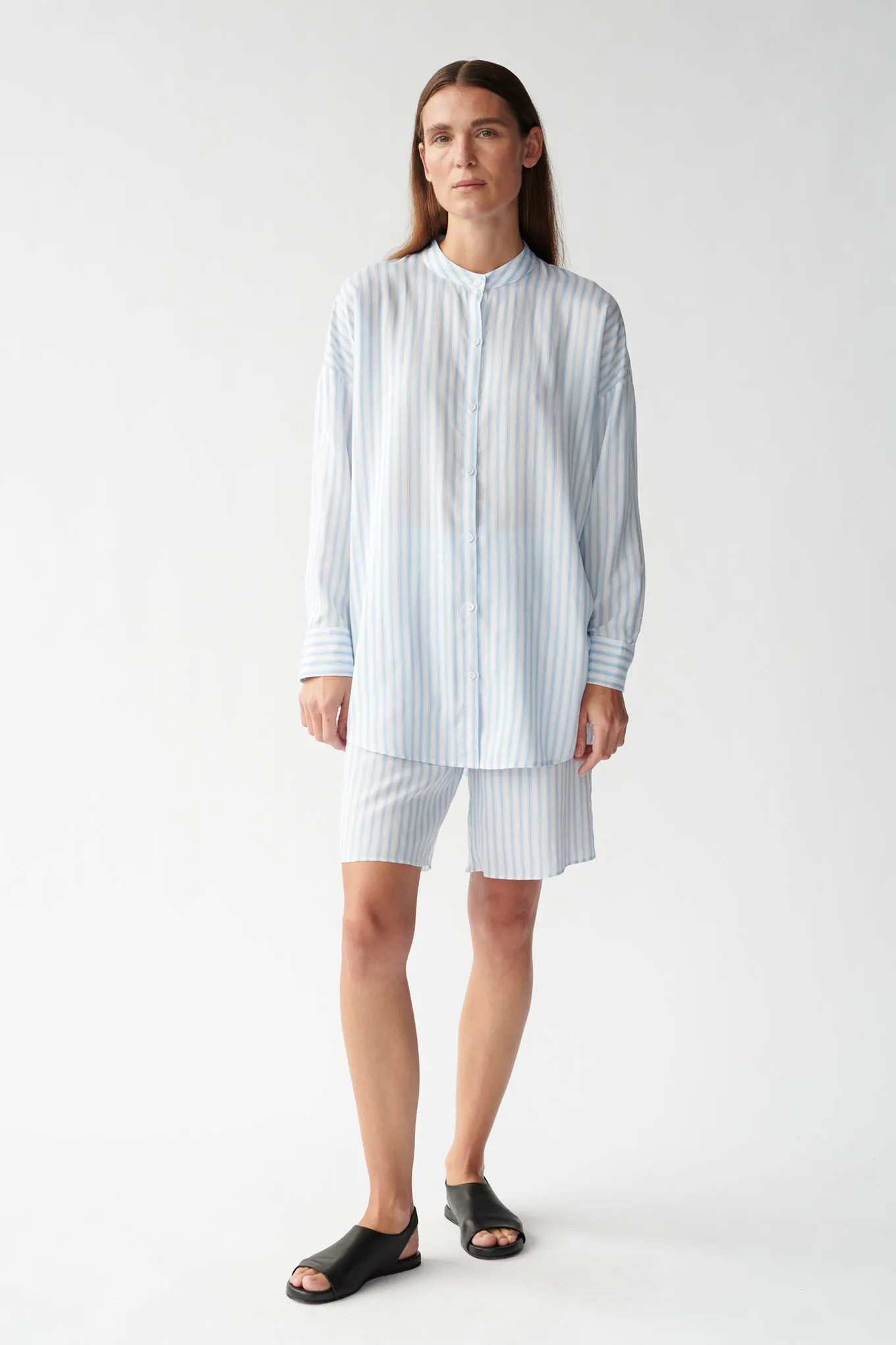 ELI SHORTS - BLUE WOVEN STRIPE - RECYCLED SILK/TENCEL