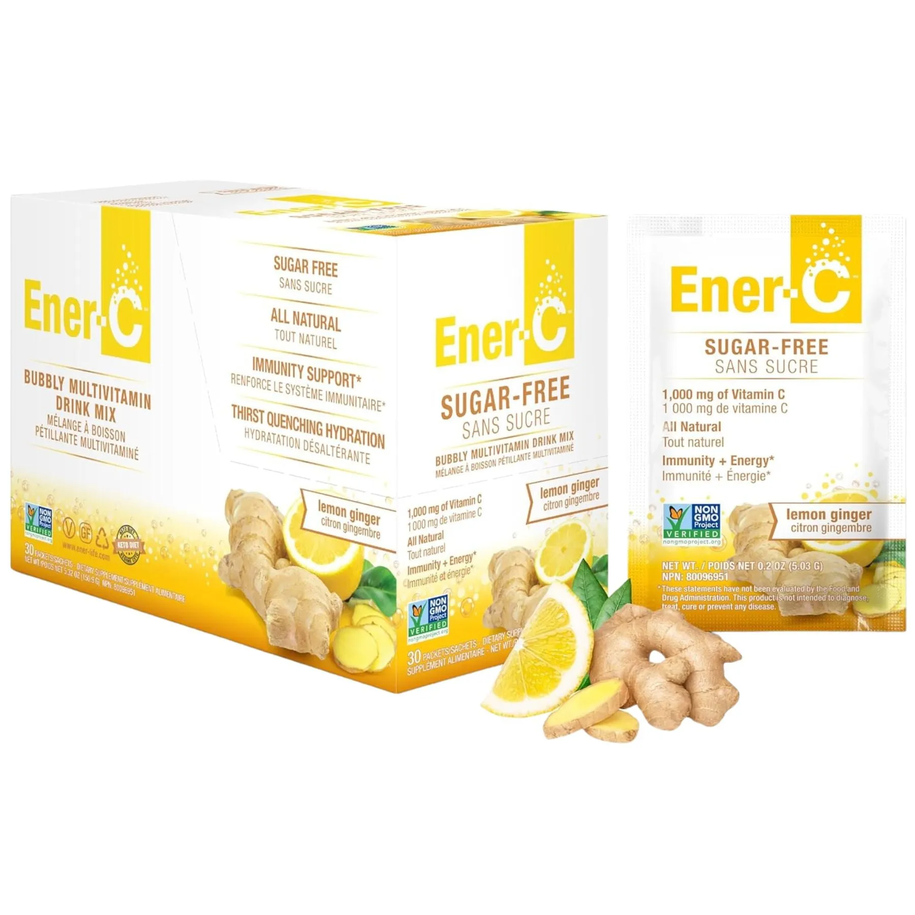 Ener-C Sugar Free Lemon Ginger Multivitamin Drink Mix - 1,000mg Vitamin C (Case of 30)