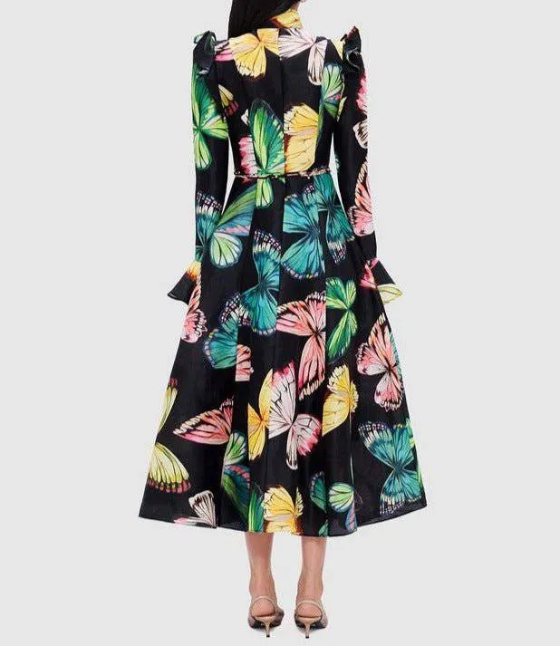 Faye Butterfly Print Button Down Midi Dress