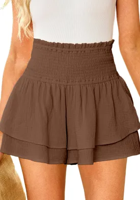 Friar Brown Women's Elastic Summer Waist High Waisted Ruffle Beach Shorts