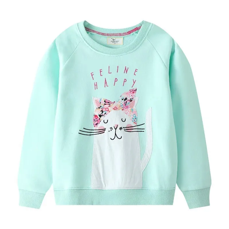 Jumping Meters Long Sleeve Autumn Spring Girls Sweatshirts With Cat Embroidery  Cotton Children's Clothing Hoodies Shirts