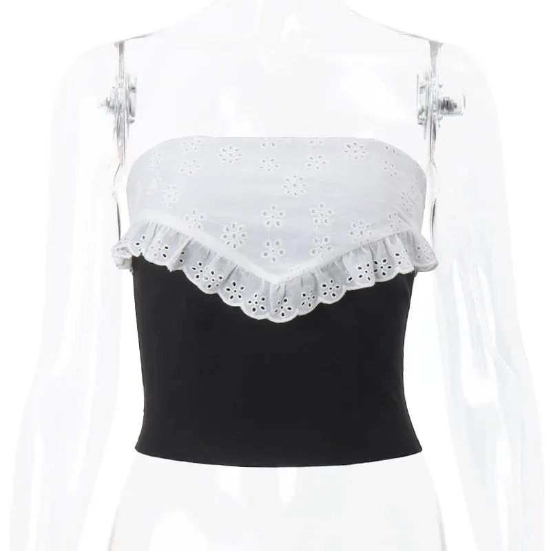 Lace Clothing Sexy 2024 Hollow Shoulders Club the Splice Crop Off Sleeveless Slim Out Bodycon Top