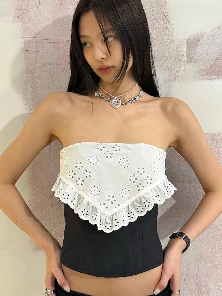 Lace Clothing Sexy 2024 Hollow Shoulders Club the Splice Crop Off Sleeveless Slim Out Bodycon Top