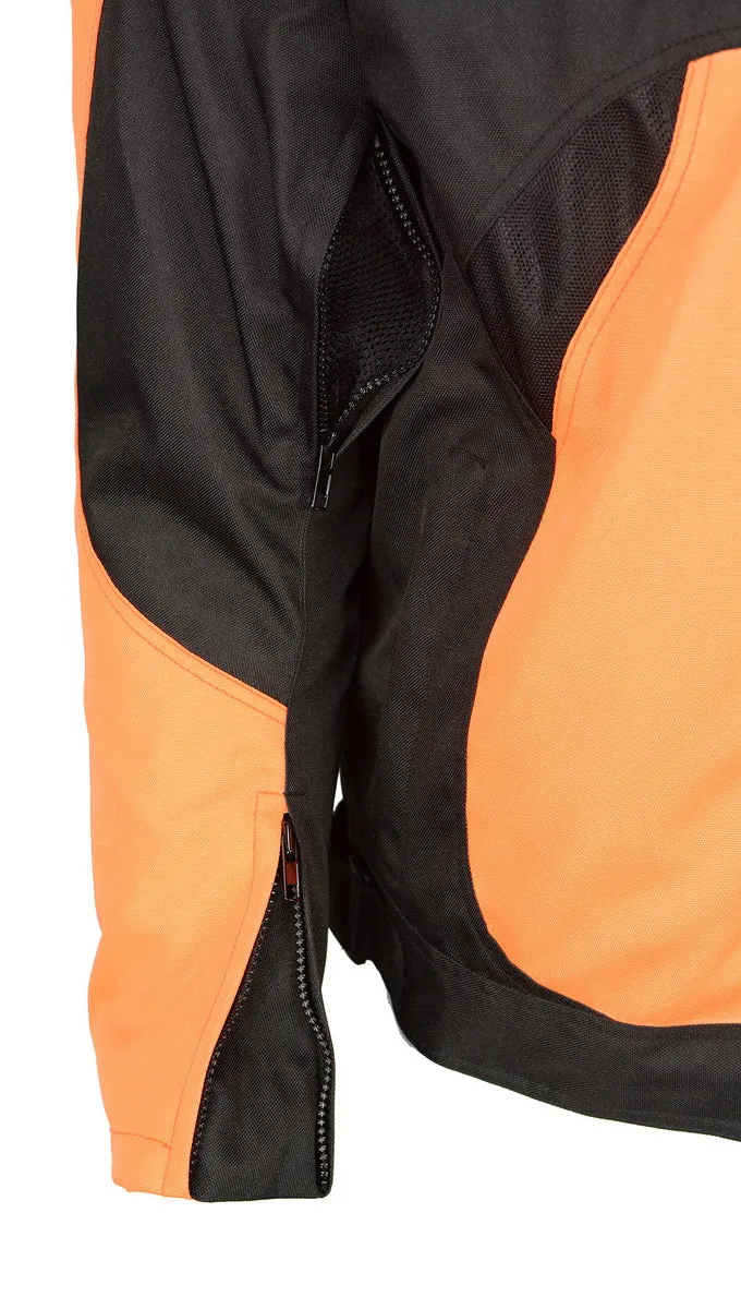 M Boss Motorcycle Apparel BOS11701 Men's High-Vis Orange Nylon Motorcycle Racer Riding Jacket with Mesh Panel Black