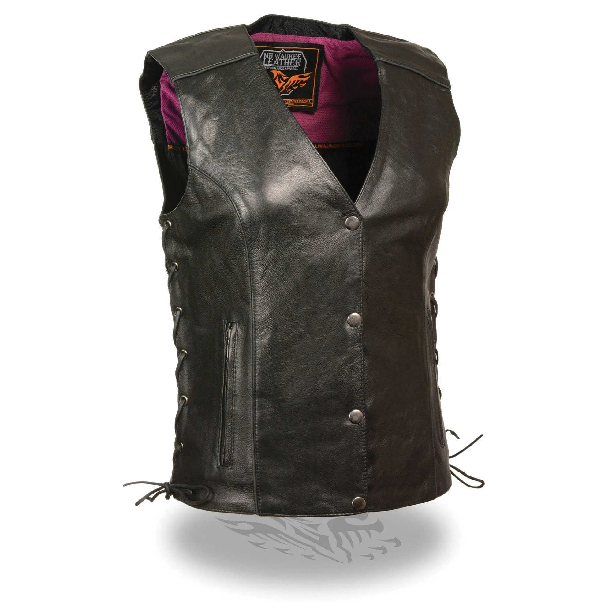 Milwaukee Leather MLL4505 Women's Black Leather Side Lace Motorcycle Rider Vest- Reflective and Studded Pink Wings