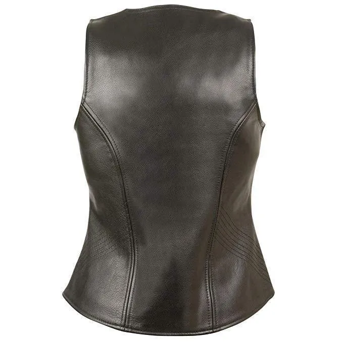 Milwaukee Leather MLL4530 Women's Black Leather Open Neck Motorcycle Rider Vest W/ Front Zip and Stitching detail