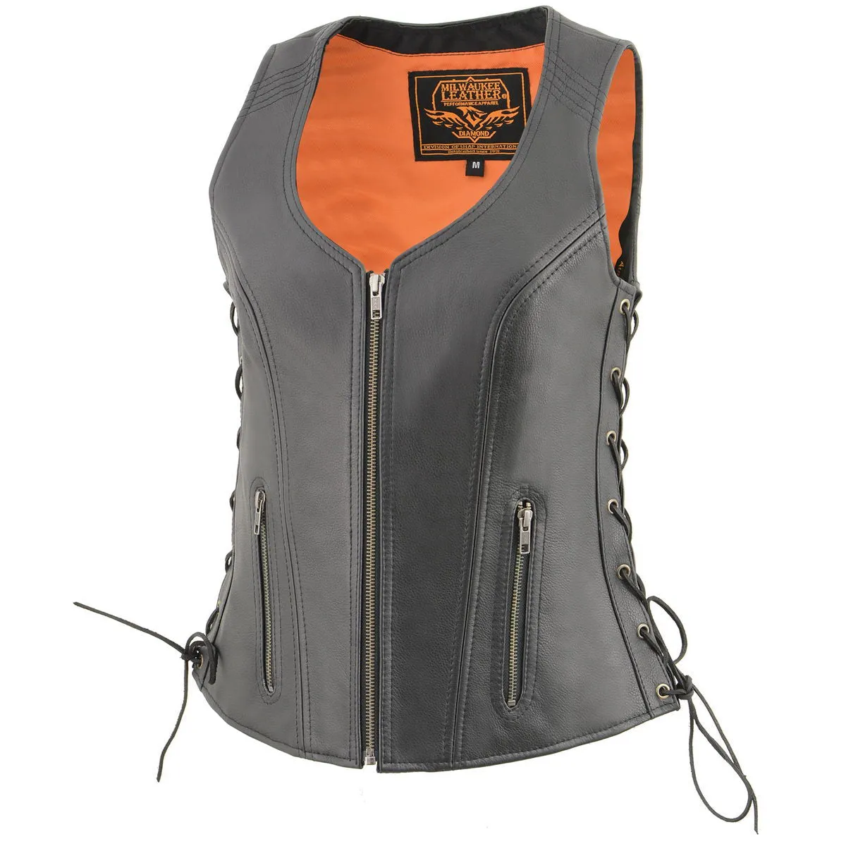 Milwaukee Leather MLL4532 Women's Black Cool-Tec Leather Open Neck Side Lace Stitching Detail Motorcycle Rider Vest