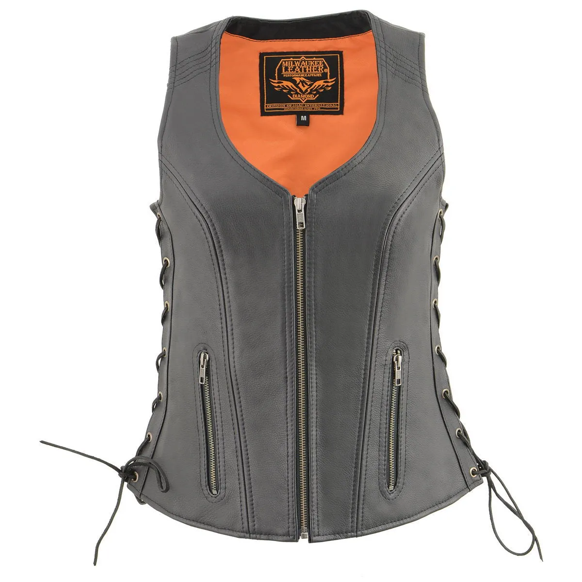 Milwaukee Leather MLL4532 Women's Black Cool-Tec Leather Open Neck Side Lace Stitching Detail Motorcycle Rider Vest