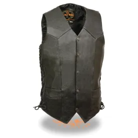 Milwaukee Leather SH1315Tall Men's Black Leather Classic V-Neck Side Lace Motorcycle Rider Vest w/ Snap Closure