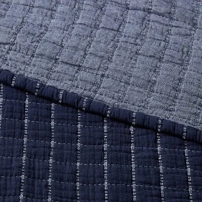 New - King Yarn Dye Crinkle Grid Quilt Navy Blue/Ivory - Threshold: Cotton Percale, Machine Washable, OEKO-TEX Certified