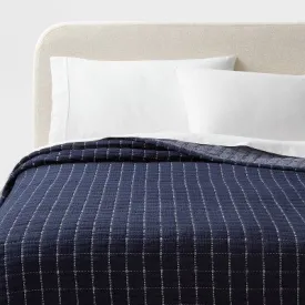 New - King Yarn Dye Crinkle Grid Quilt Navy Blue/Ivory - Threshold: Cotton Percale, Machine Washable, OEKO-TEX Certified