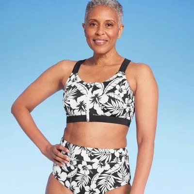 New - Lands' End Women's UPF 50 Floral Print Zip-Front Bikini Top - Black/White M