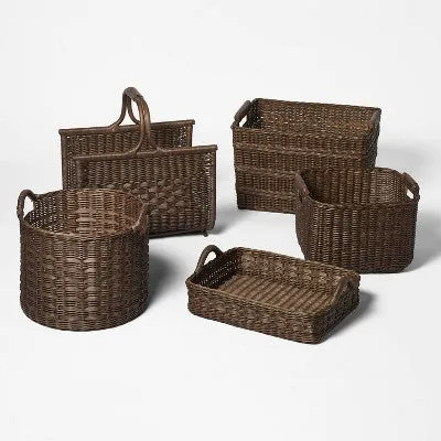 New - Rattan Decorative Tray with Leather Handles Dark Brown - Threshold designed