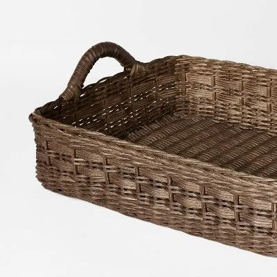 New - Rattan Decorative Tray with Leather Handles Dark Brown - Threshold designed