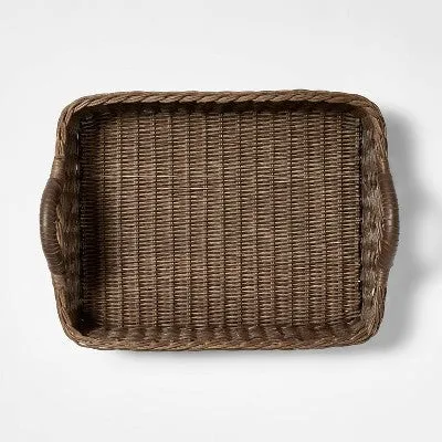 New - Rattan Decorative Tray with Leather Handles Dark Brown - Threshold designed