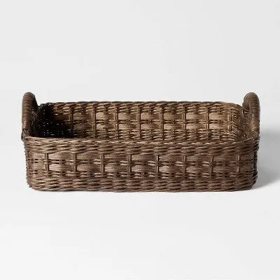 New - Rattan Decorative Tray with Leather Handles Dark Brown - Threshold designed