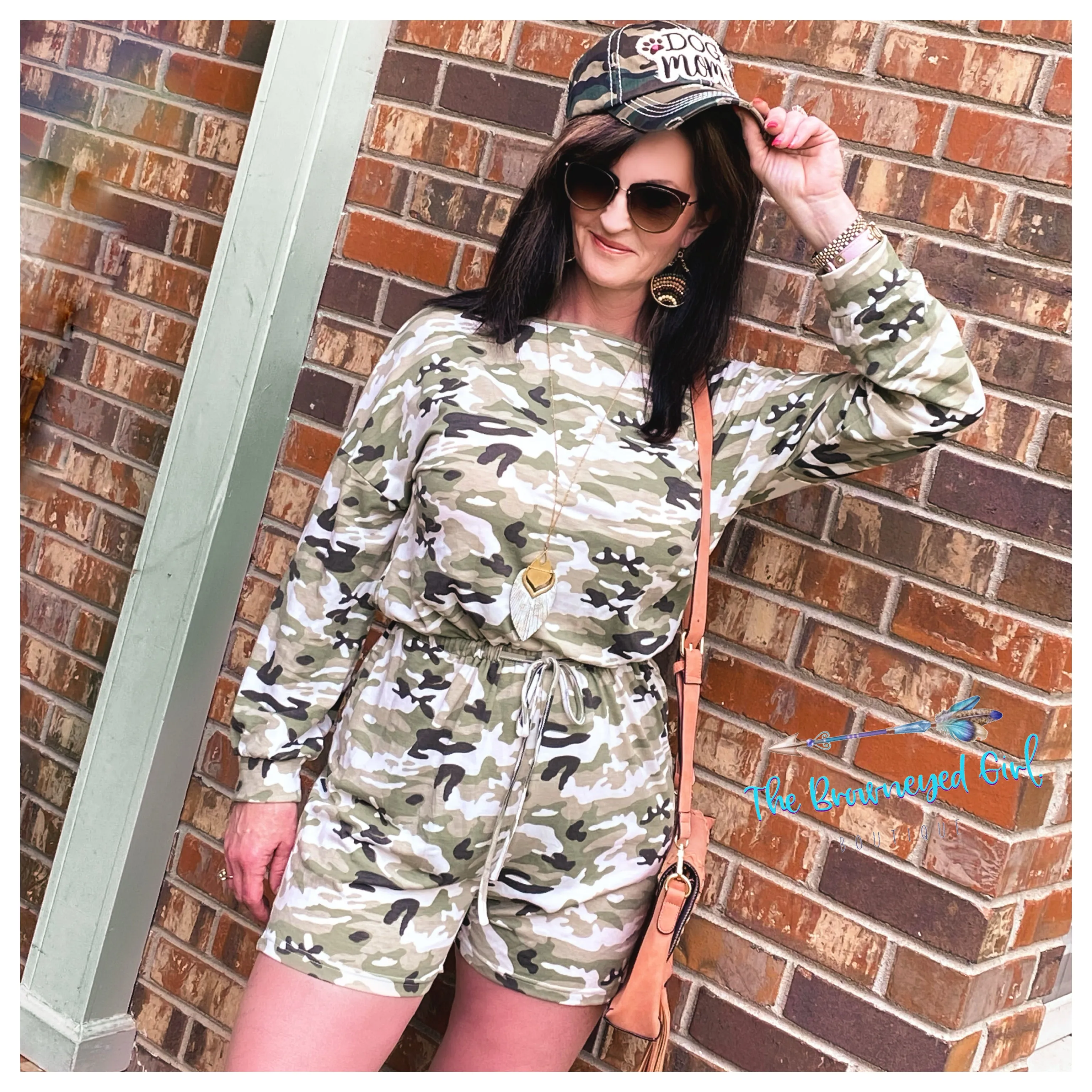 On A Safari Camo Long Sleeve Romper Olive/Pink Women