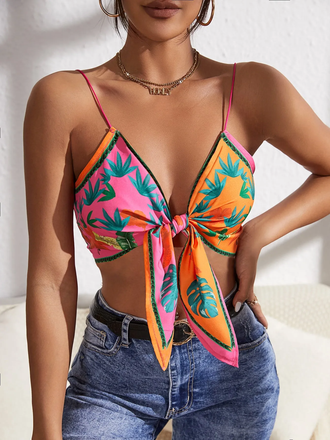 Plants Knot Front Crop Cami Top