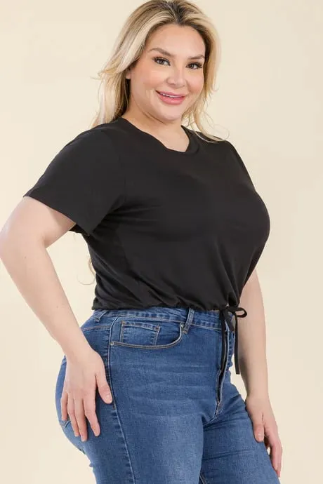 Plus size tie front drawstring short sleeve crop top