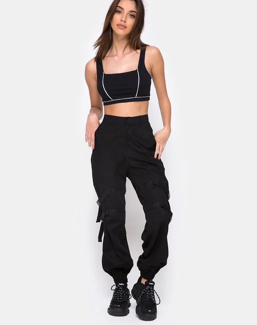 Shano Crop Top in Black With White Piping