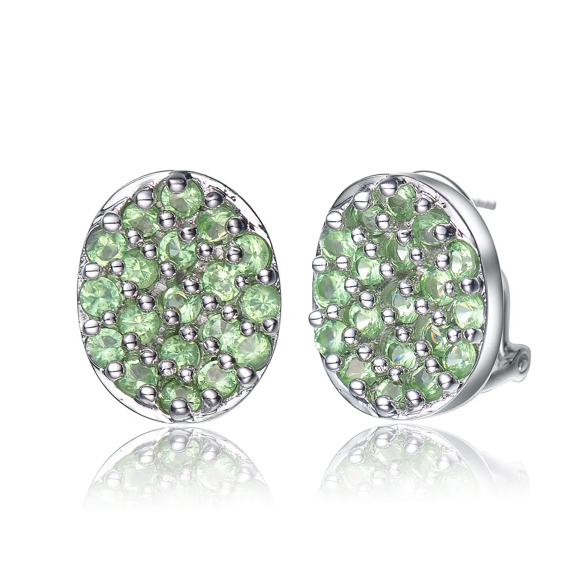 Sterling Silver Green Pave Cubic Zirconia Button Earrings