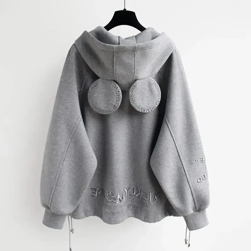 Trendy 2024 Autumn/winter New Women's Fleece-lined Thickened Hooded Sweatshirt Loose-fit Student Jacket Earflaps