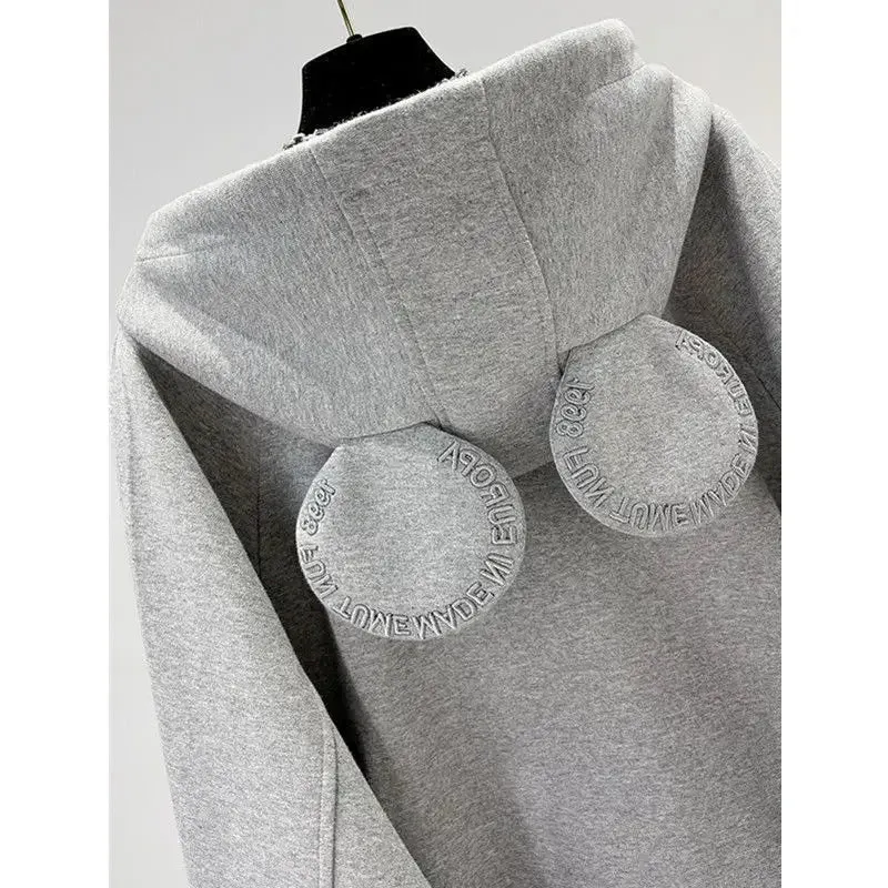 Trendy 2024 Autumn/winter New Women's Fleece-lined Thickened Hooded Sweatshirt Loose-fit Student Jacket Earflaps