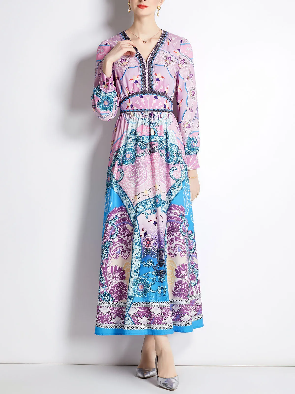 V Neck Long Sleeves Floral Printed High Waist Maxi Beach Boho Dress