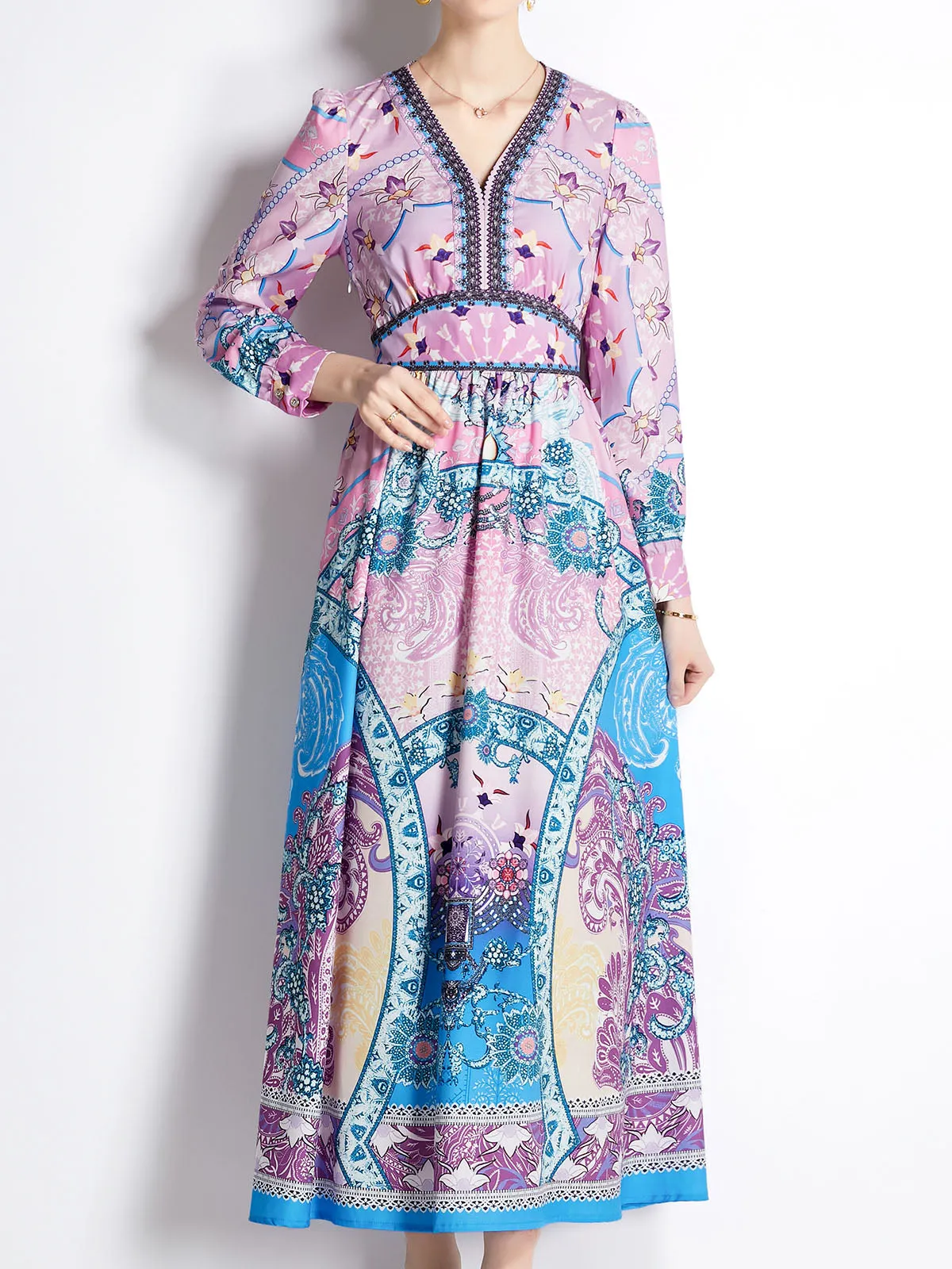 V Neck Long Sleeves Floral Printed High Waist Maxi Beach Boho Dress