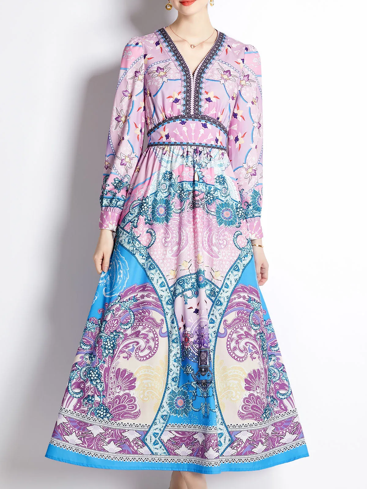 V Neck Long Sleeves Floral Printed High Waist Maxi Beach Boho Dress