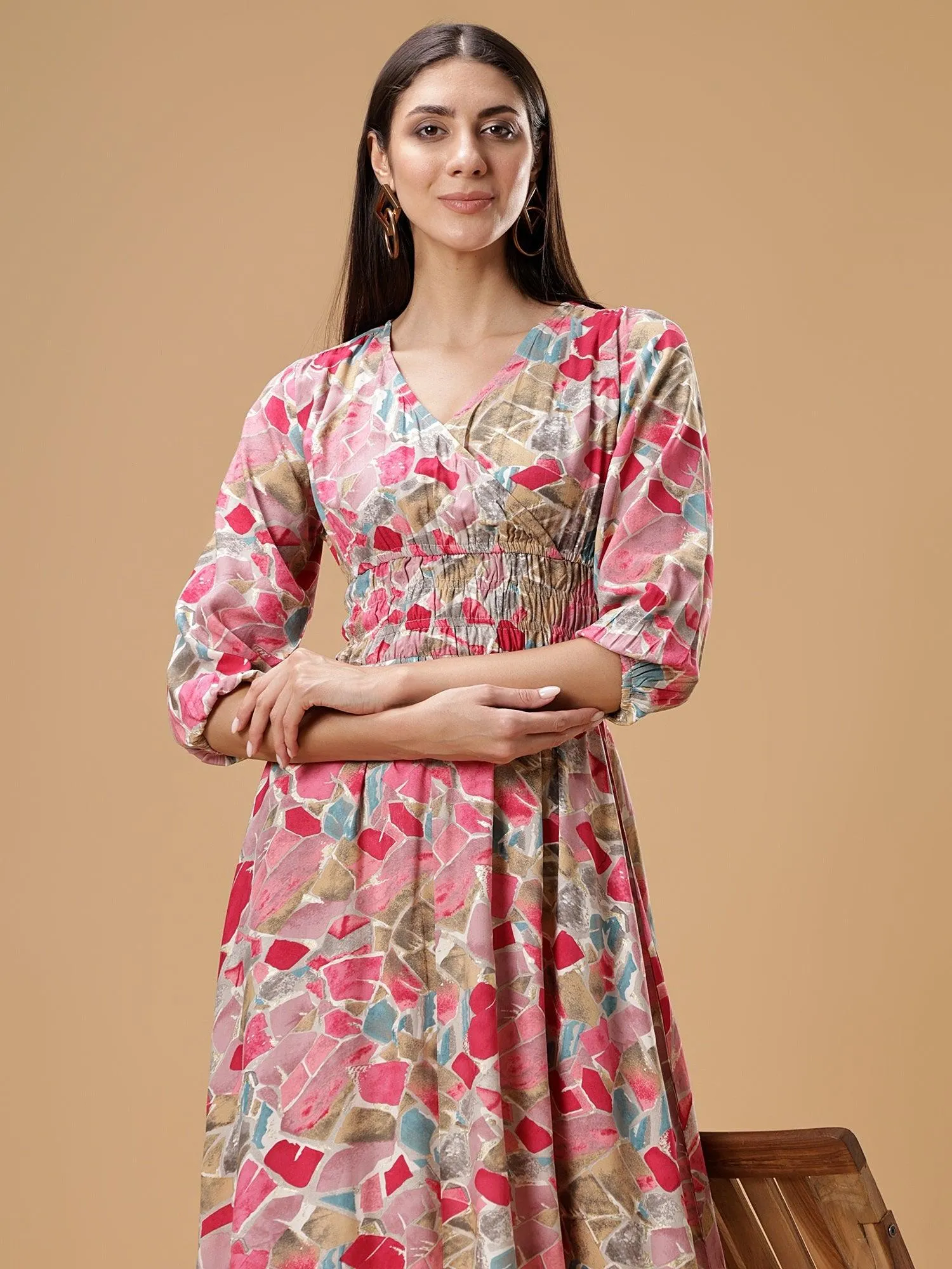 Womens Printed Fit & Flare Midi Dress